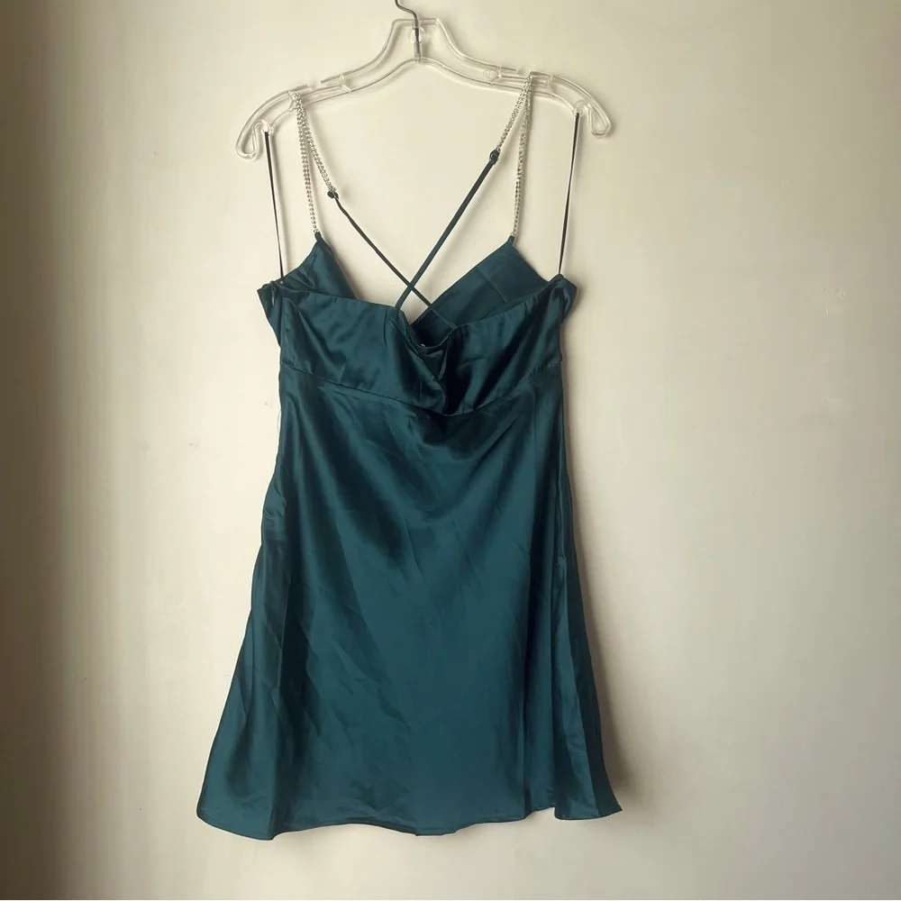 Princess Polly Mazie Green Satin Rhinestone Strap Mini Dress 8 - Picture 5 of 9